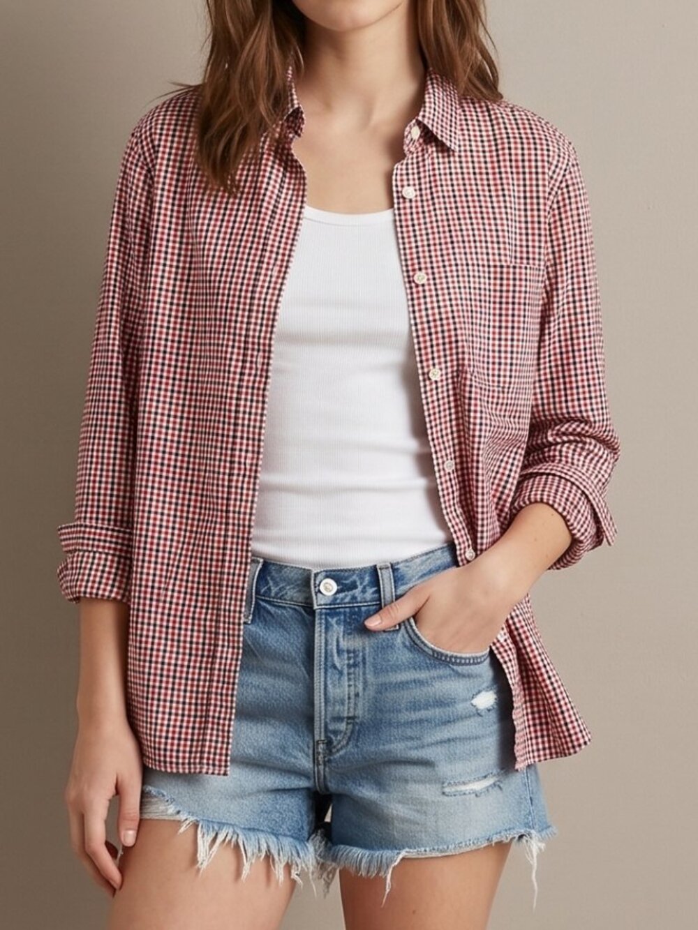 100% Cotton Red White Blue Cotton Gingham Plaid Button Down Size Men's Large